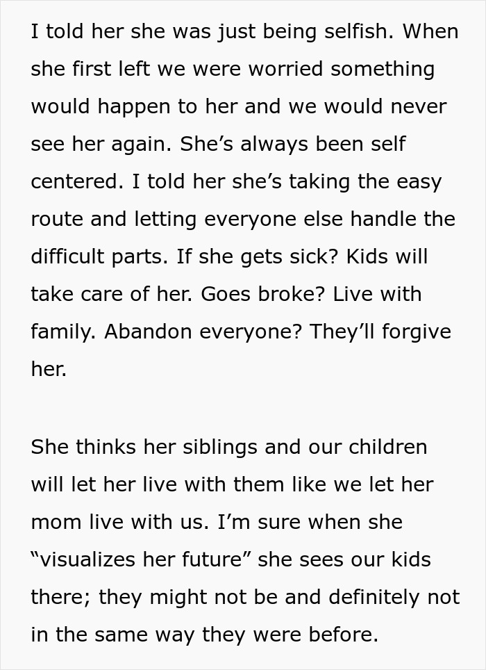 Text excerpt discussing a woman who leaves to find herself, highlighting concerns about her selfishness and family impact.