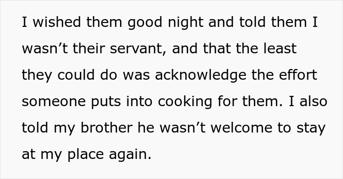 Text excerpt explaining a family&rsquo;s entitled behavior and being banned for not acknowledging cooking efforts.
