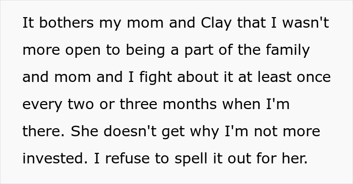 Text excerpt showing conflict with absentee mom expecting teen to babysit fianc&eacute;'s kids during their dates.