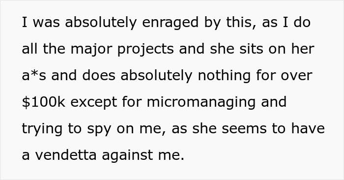 Text excerpt about a boss bad with technology caught spying on a 25-year-old coworker, expressing frustration.