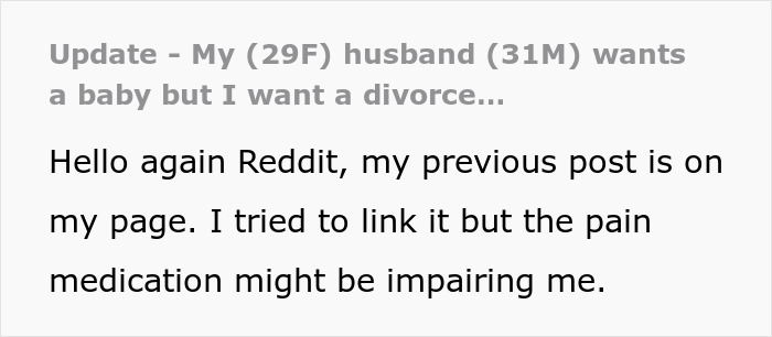 Text post with a woman explaining her husband demands a child while she wants a divorce in an online forum. - 49