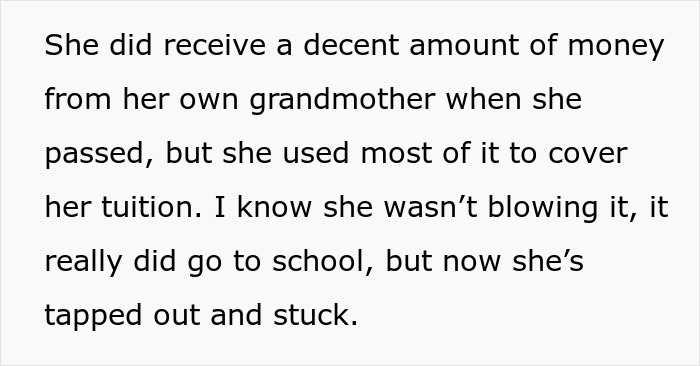 Text excerpt about a woman using inheritance money to cover tuition before being financially stuck after a breakup. - 14