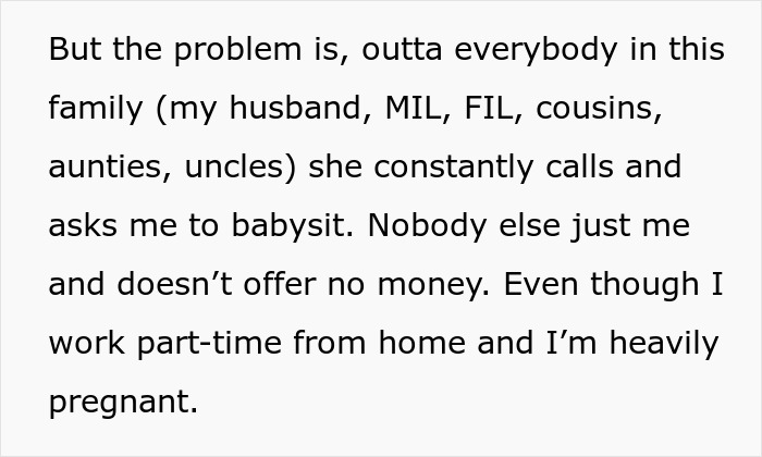 Text excerpt discussing family constantly asking a pregnant woman to babysit niblings without offering money.
