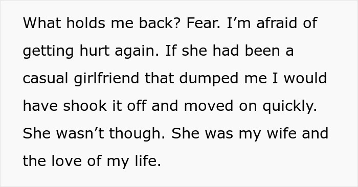 Text excerpt showing a man expressing fear of getting hurt again after his wife cheated, feeling crushed emotionally. - 24