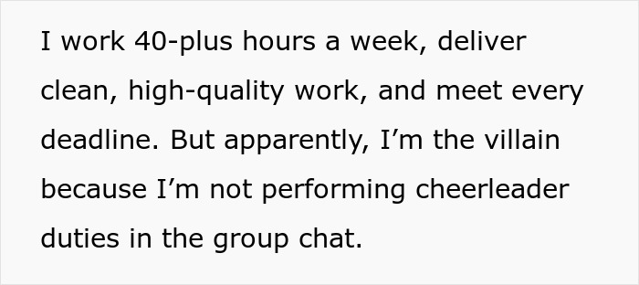 Text excerpt about working 40-plus hours weekly, delivering quality work, and the impact of not sending GIFs in Slack on workplace morale. - 12