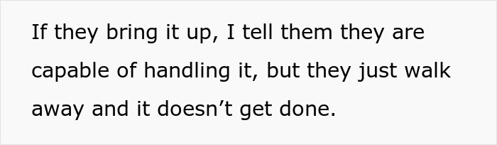 Text excerpt on a white background showing a student working mom addressing family complaints about handling tasks but facing inaction.