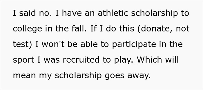Text explaining a teenager discussing concerns about maintaining an athletic scholarship with parents focused on kid care and parenting.