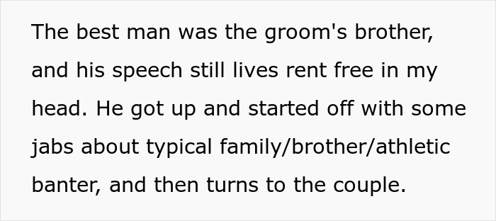 Text excerpt about best man&rsquo;s speech at a wedding, referencing groom&rsquo;s choice and family banter.