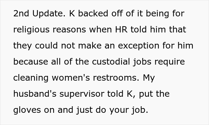 Text excerpt about boss confronting custodian over emptying feminine hygiene waste bins due to religion in a workplace setting.