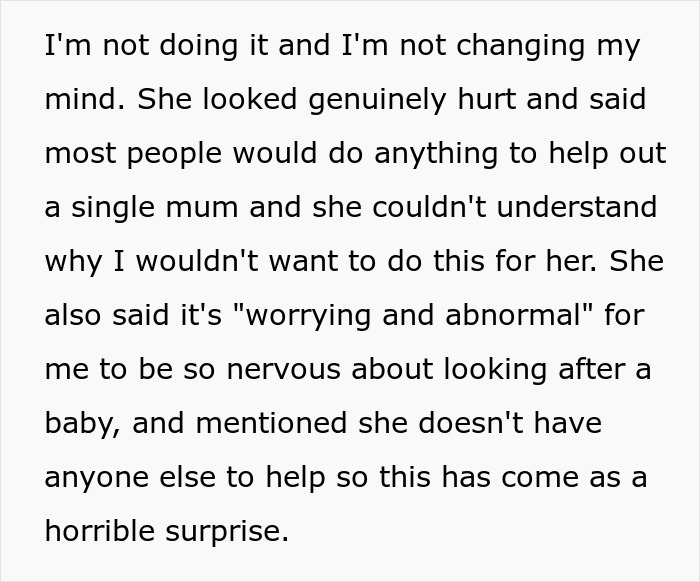 Text expressing refusal to babysit for a single mom, highlighting feelings of nervousness and surprise over the decision. - 13