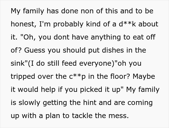 Alt text: Text describing a mother using filth around the home to teach a lesson to her family about responsibility and cleanliness