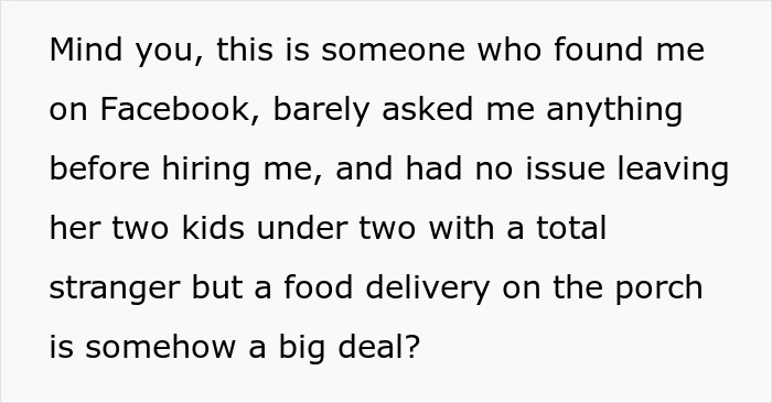 Text about someone hired to babysit, questioning the overreaction to ordering DoorDash food delivery while babysitting. Text about someone hired to babysit, questioning the overreaction to ordering DoorDash food delivery while babysitting.