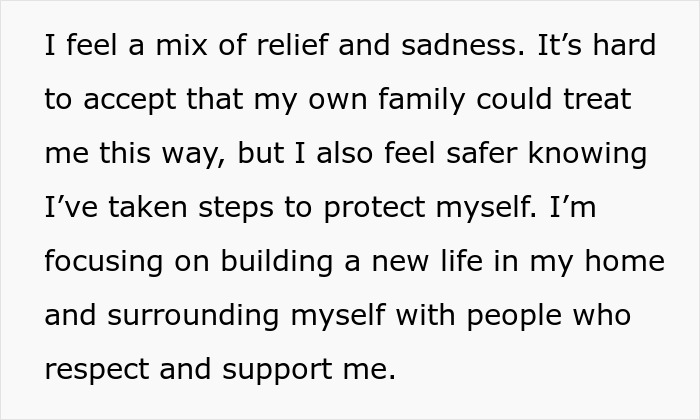 Text showing a woman expressing relief and sadness after a family stages fake legal notice prank, leading her to cut contact. Text showing a woman expressing relief and sadness after a family stages fake legal notice prank, leading her to cut contact.