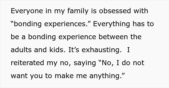 Text excerpt about woman refusing to wear niece&rsquo;s handmade dress for a career event, expressing exhaustion with bonding experiences.