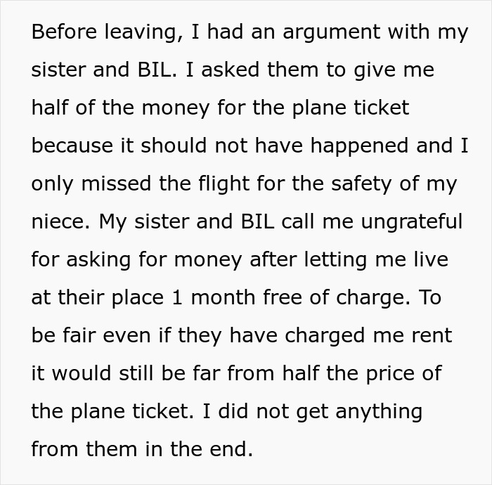 Text excerpt describing a woman missing a flight while babysitting niece and asking parents for compensation, facing rejection. - 5