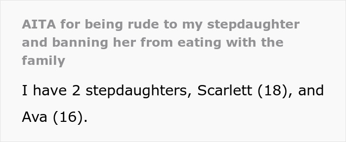 Text from a post about a stepmom banning teen from family dinners for singing and telling her to eat elsewhere. Text from a post about a stepmom banning teen from family dinners for singing and telling her to eat elsewhere.