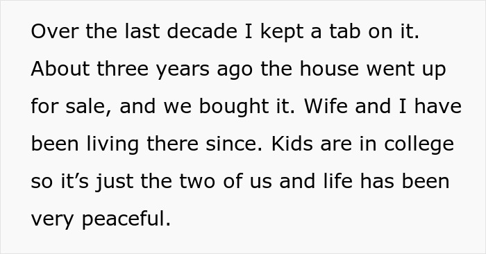 Text excerpt discussing a man and wife living peacefully in the wife’s childhood home they purchased years ago. - 7