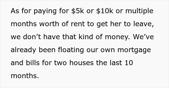 Text discussing financial strain of paying rent and mortgage, highlighting family drama over inherited house with aunt living rent-free.
