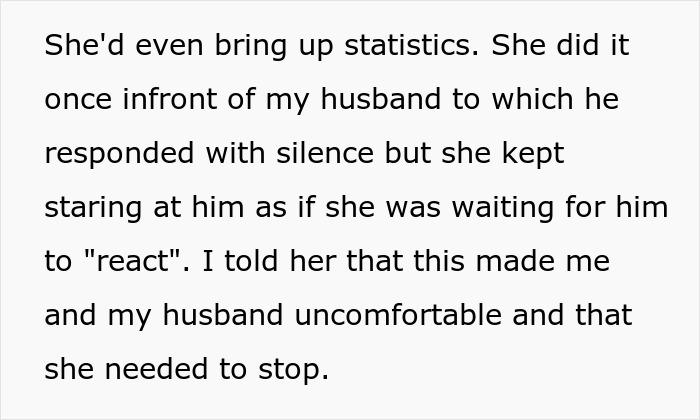 Text excerpt discussing statistics shared by a sister-in-law causing discomfort to a husband and wife in a family setting. - 7