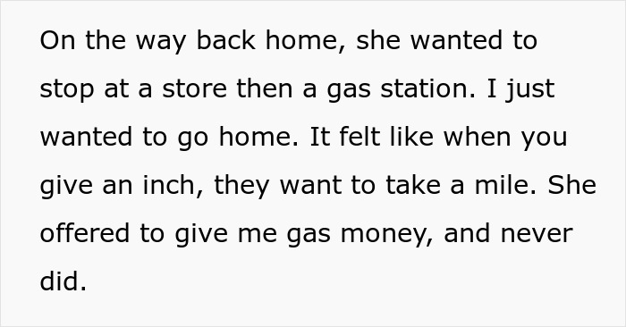Text on a white background describing a woman&rsquo;s frustration when a coworker demands rides without notice or tact.