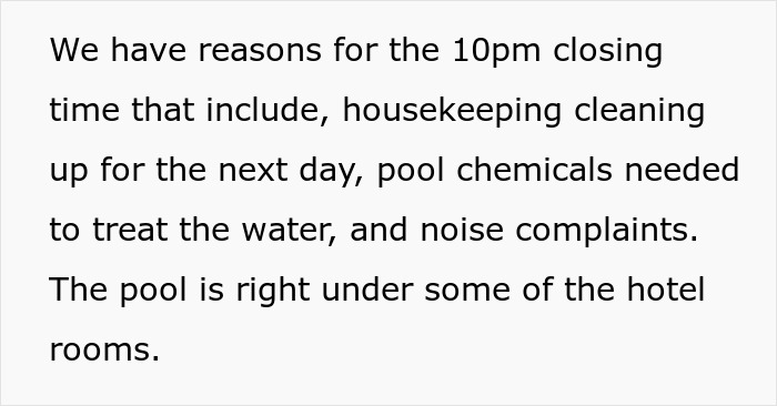 Text explaining hotel pool closing time due to housekeeping, pool chemicals, and noise complaints from nearby rooms. - 3