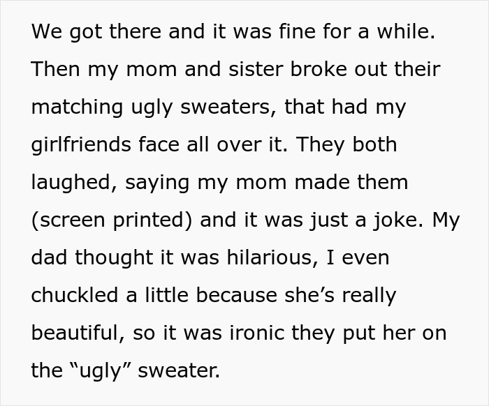 Text about family gathering where boyfriend’s family turns woman’s scar into an ugly sweater joke causing tension. Text about family gathering where boyfriend’s family turns woman’s scar into an ugly sweater joke causing tension.
