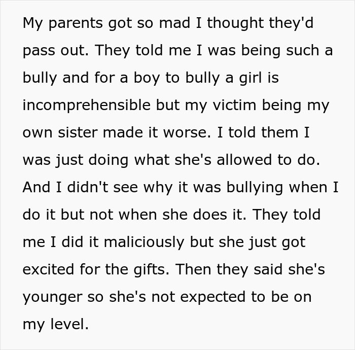 Text about parents upset over bullying between siblings, highlighting golden child stealing gifts and family conflict.
