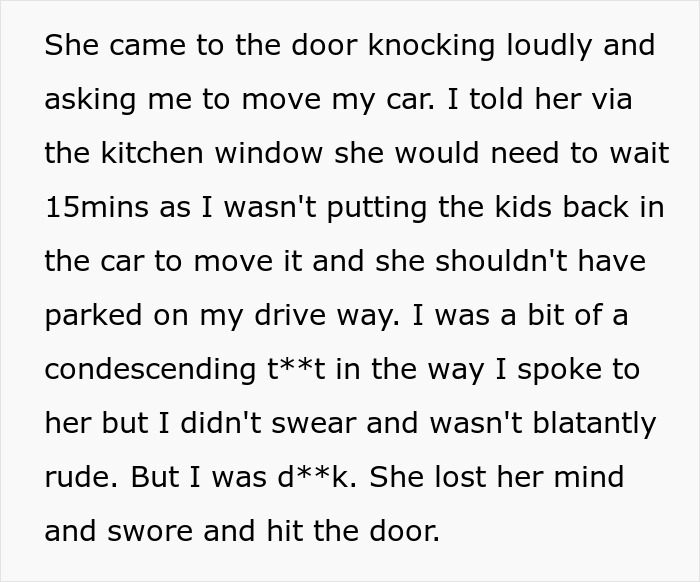 Woman aggressively confronts couple after repeatedly parking in their private parking space and being blocked in. Woman aggressively confronts couple after repeatedly parking in their private parking space and being blocked in.