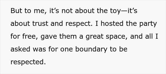 Text on a white background about trust and respect, discussing boundaries during a party after a sentimental toy was broken.