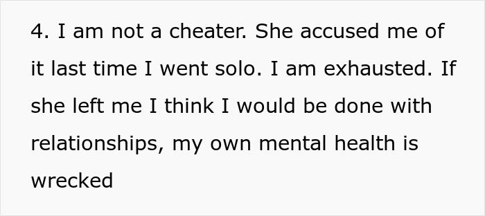 Text excerpt from a husband explaining mental health struggles after his wife files for divorce over a travel-related quirk. - 14