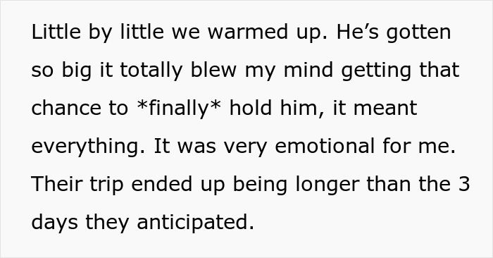 Text on a white background describing emotional moments and extended family trip related to bio dad refusing babysit family drama.