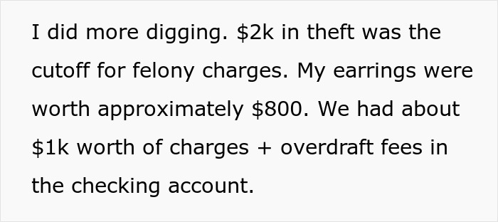 Text excerpt discussing theft amount, felony cutoff, and stolen earrings related to pregnant woman revenge story. - 25