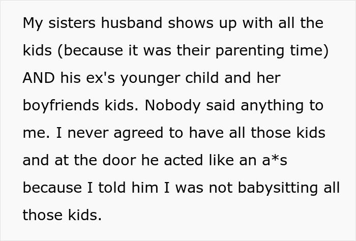Woman quits babysitting after brother-in-law arrives with kids she never met expecting free care and causes conflict. - 9