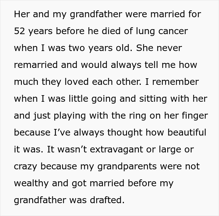 Text excerpt describing a long marriage, love, and memories of a grandmother’s ring after her husband’s death. - 78