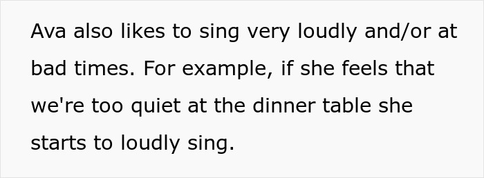 Text explaining a teen who sings loudly at dinner, related to a stepmom banning her from family dinners due to singing. Text explaining a teen who sings loudly at dinner, related to a stepmom banning her from family dinners due to singing.