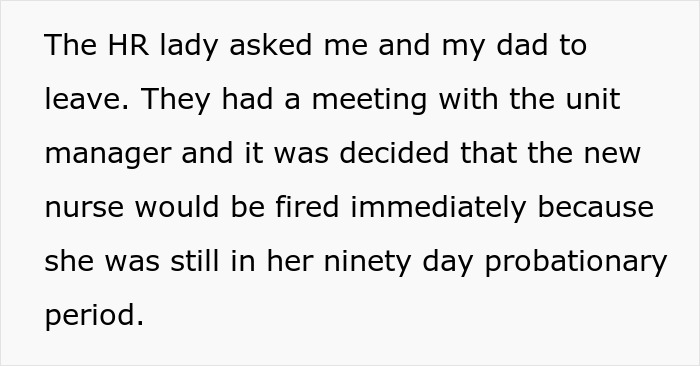 Text excerpt describing a nurse being fired after accusations involving an affair with a family member during probation. Text excerpt describing a nurse being fired after accusations involving an affair with a family member during probation.