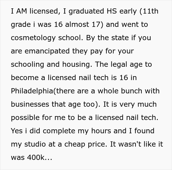 Text excerpt about becoming a licensed nail tech, attending cosmetology school, and studio rental details.