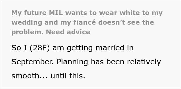 Bride’s wedding power struggle with mother-in-law trying to steal the spotlight by wearing head-to-toe white. Bride’s wedding power struggle with mother-in-law trying to steal the spotlight by wearing head-to-toe white.