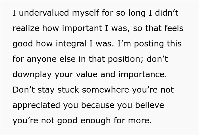 Text excerpt on employee leaving company after wage reduction, encouraging self-value and not staying unappreciated. - 10