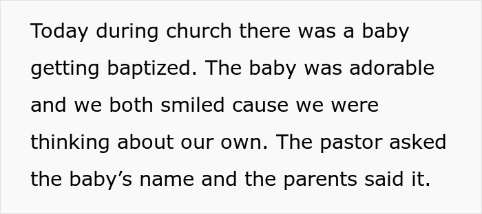Text excerpt about a baby baptism shared during church, relating to a husband throwing a fit over a possibly spoiled baby gender.