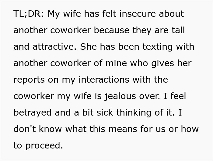 Text describing a jealous wife spying on her husband’s work interactions due to insecurity about a coworker.