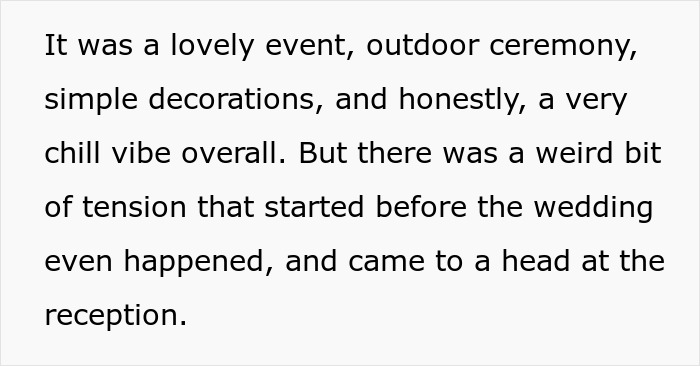 Text describing tension at an outdoor wedding where the bride told guests to wear neutrals but expected color.