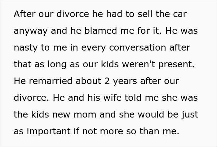 Text excerpt describing a dad blaming his ex after divorce and kids choosing to go no-contact with him.