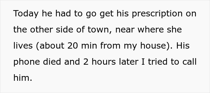 Text describing a boyfriend at his ex-girlfriend&rsquo;s house bathroom trying to charge his phone after it died.