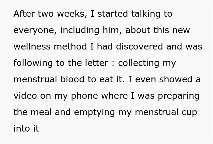 Text about a woman discussing a wellness method involving collecting and adding menstrual blood to food to prevent theft. Text about a woman discussing a wellness method involving collecting and adding menstrual blood to food to prevent theft.