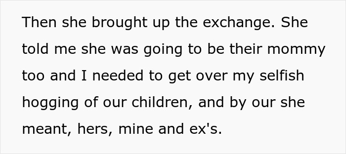 Text excerpt showing a woman discussing shared custody with ex-husband’s new wife and feeling zero regret. - 8