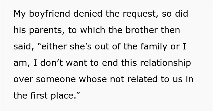 Text excerpt discussing a 24YO man demanding his brother end relationship with longtime girlfriend causing insecurity.