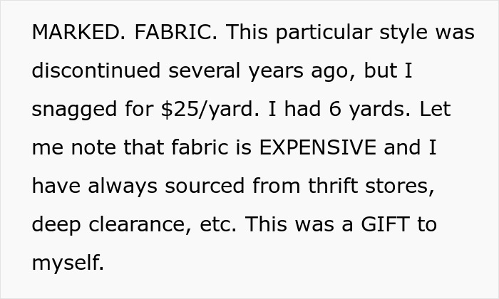 Text describing the expensive $25/yard fabric discontinued years ago, treasured by woman whose guest’s kids ruined it. - 7