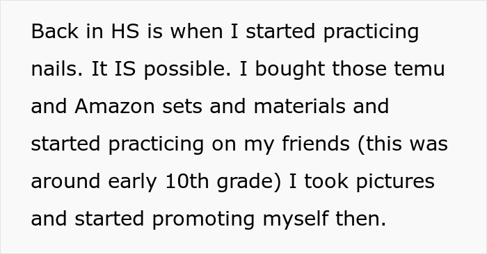 Text excerpt from a story about a lady practicing nails, promoting herself, and related influencer and party studio conflict.