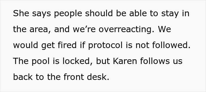 Text excerpt from a story about Karens kid poop hotel pool incident and protocol enforcement at the hotel. - 11